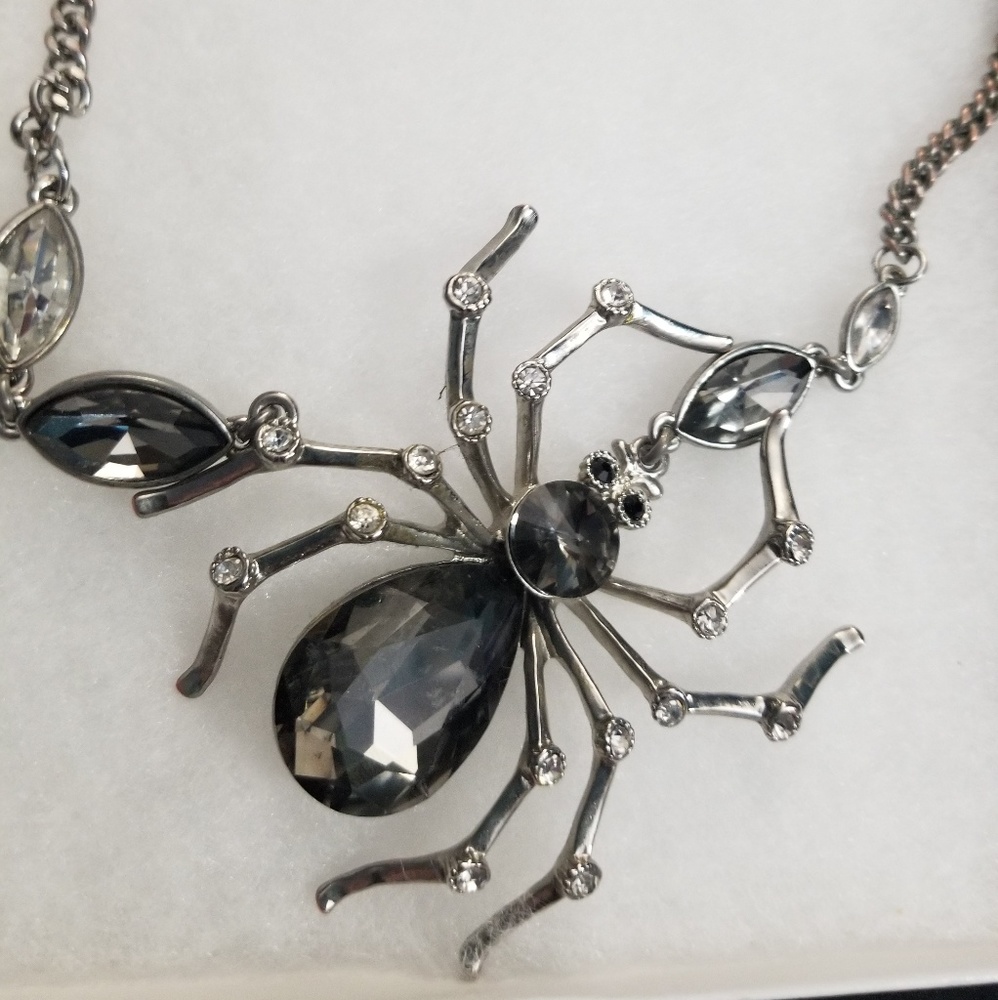 Silver tone bling spider necklace